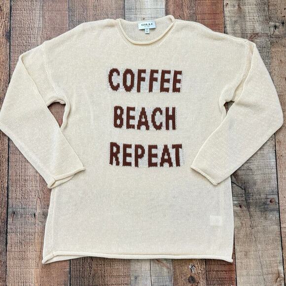 Gilli Coffee Beach Repeat Sweater Beige and Brown Knit Pullover Top Size Small - Picture 1 of 7